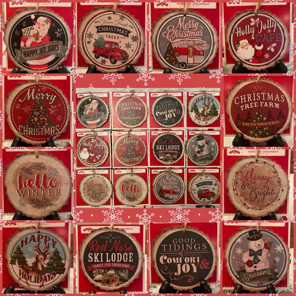 Vintage Retro Rustic Themed Christmas Wood Slices Hanging Ornaments Set of 12